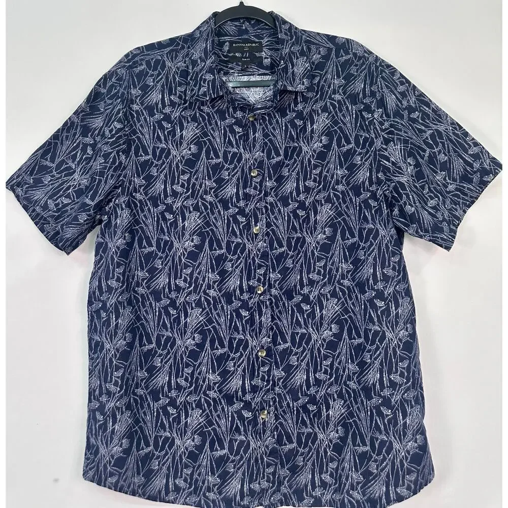 Banana Republic Blue & White Linen Floral Slim Fit Button Up Shirt Size L